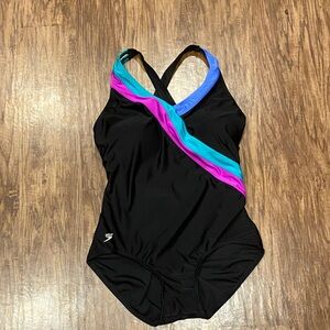 Speedo Women's Black with Pink and Blue Striped swimsuit size 14